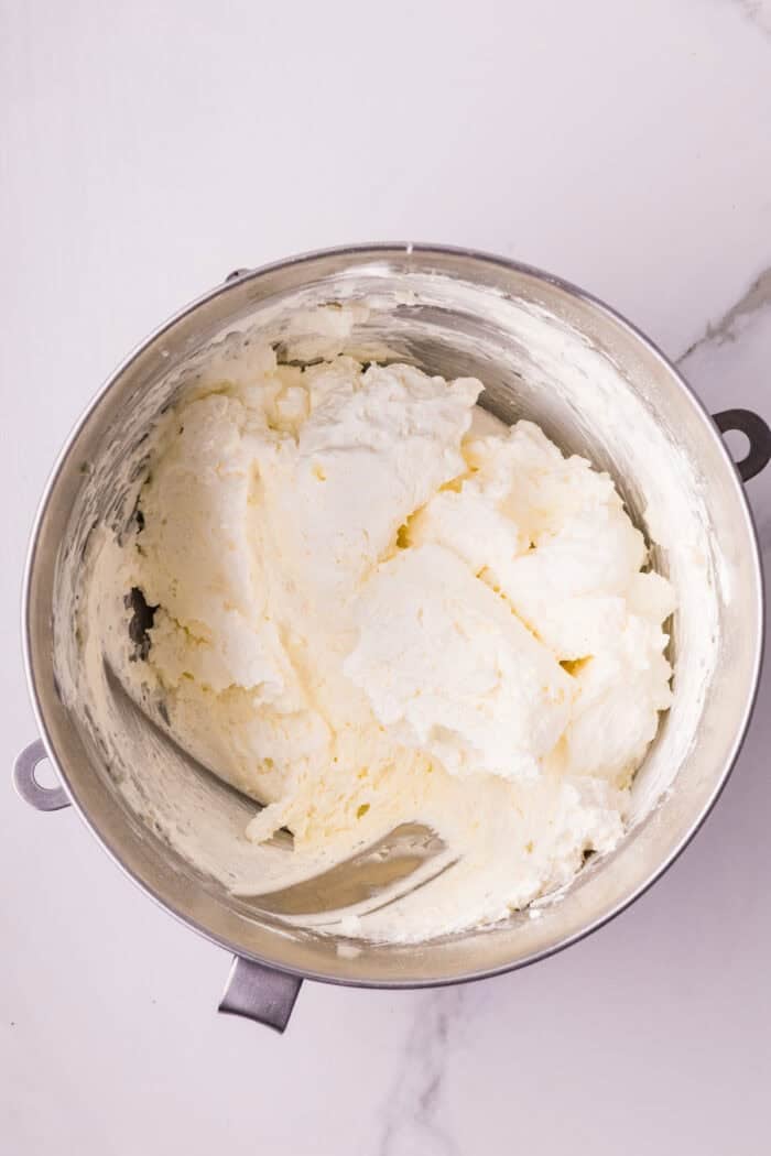 Cream filling in a mixing bowl