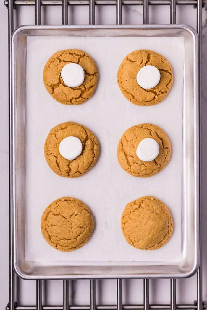 These soft and chewy Peanut Butter Marshmallow Cookies are loaded with rich peanut butter flavor and a marshmallow surprise. Overhead view of marshmallows pressed into partially baked peanut butter cookies