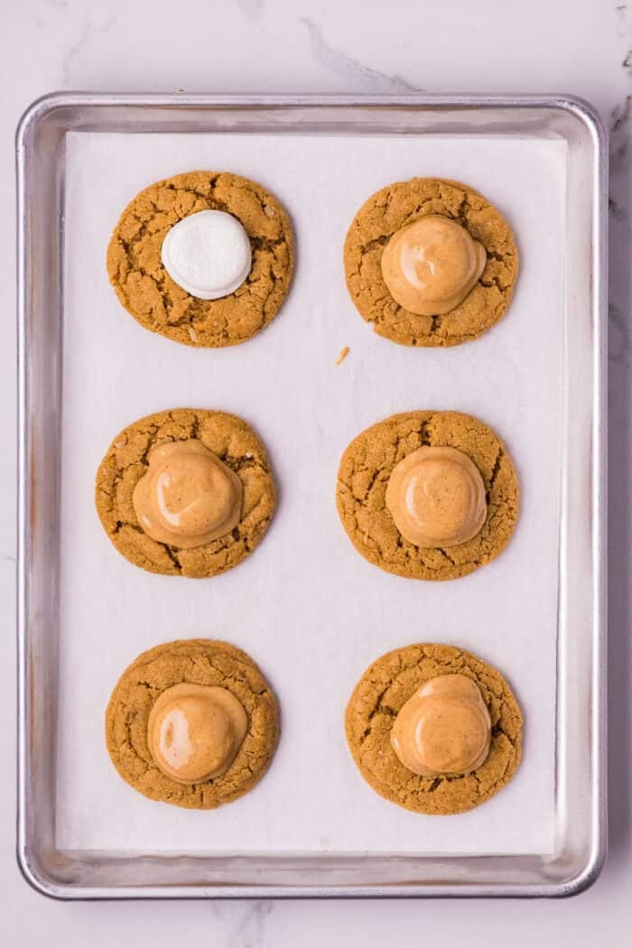 These soft and chewy Peanut Butter Marshmallow Cookies are loaded with rich peanut butter flavor and a marshmallow surprise. Melted peanut butter chips drizzled over the marshmallows on the cookies