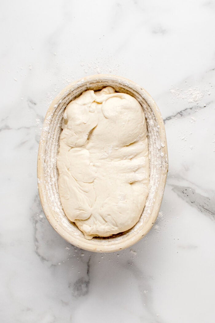 Made with an active sourdough starter, pantry staples, and a simple process, this Sourdough Bread recipe is perfect for beginners. Sourdough bread dough in a proofing basket