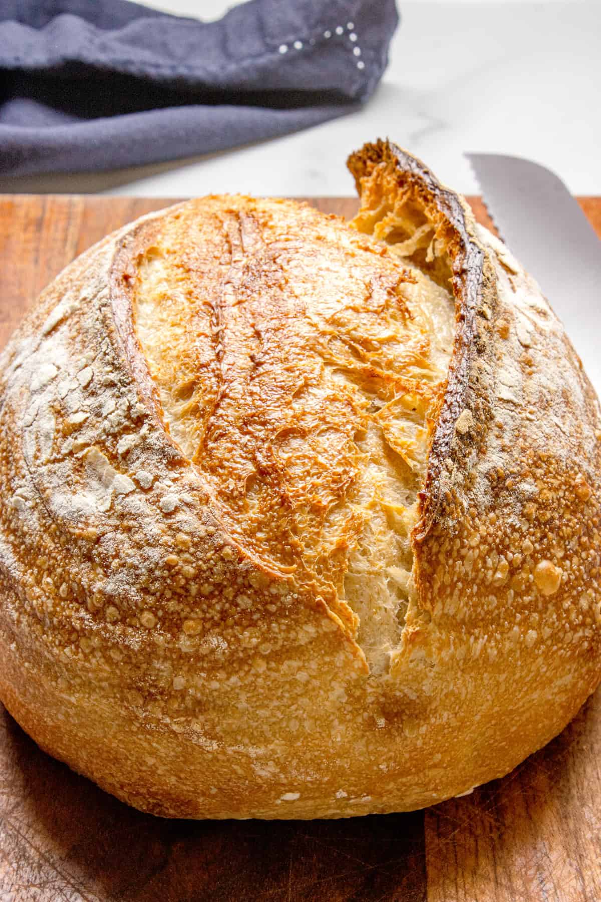 Made with an active sourdough starter, pantry staples, and a simple process, this Sourdough Bread recipe is perfect for beginners. A loaf of sourdough bread on a wooden cutting board