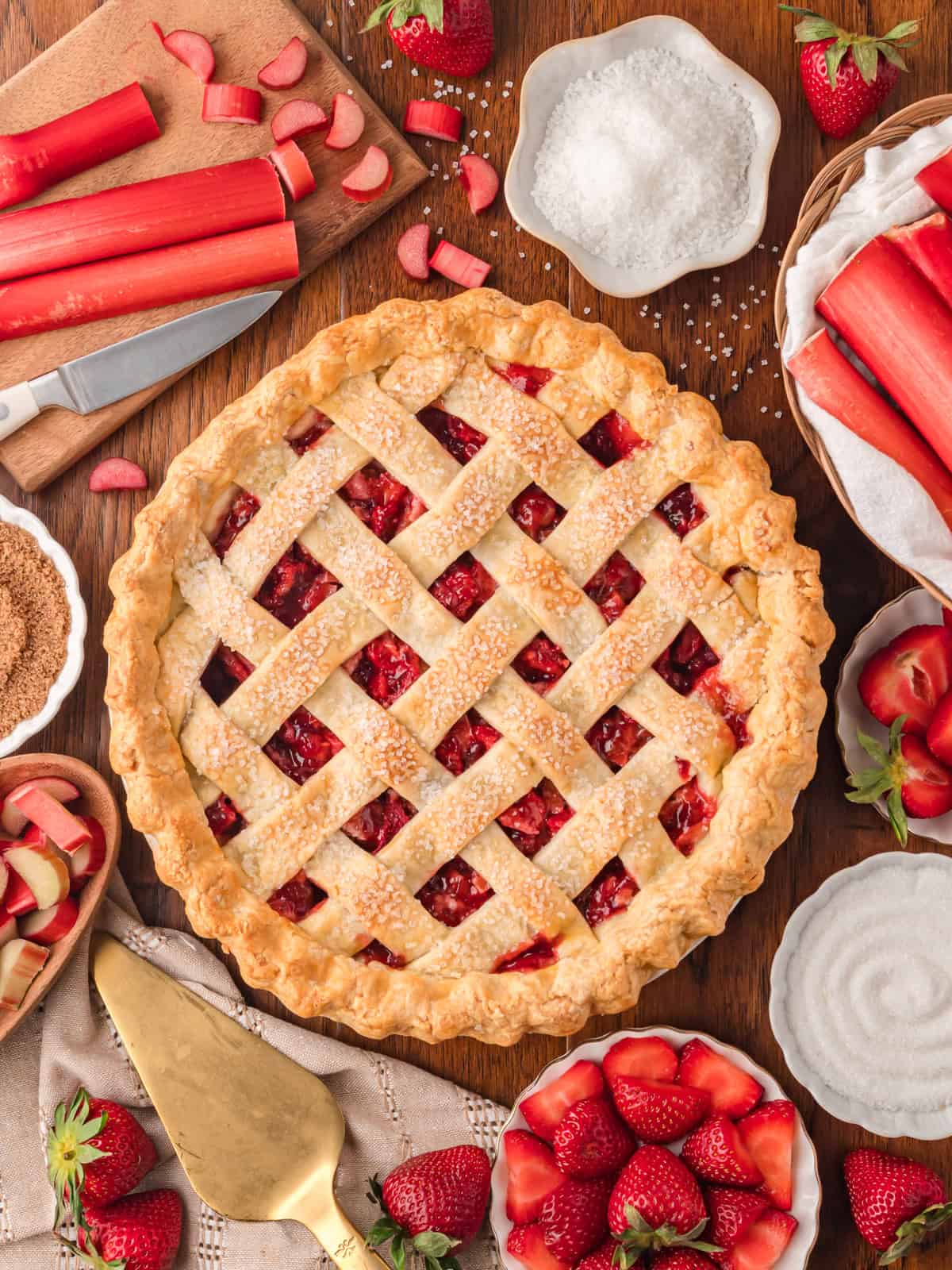 Overhead view of a strawberry rhubarb pie