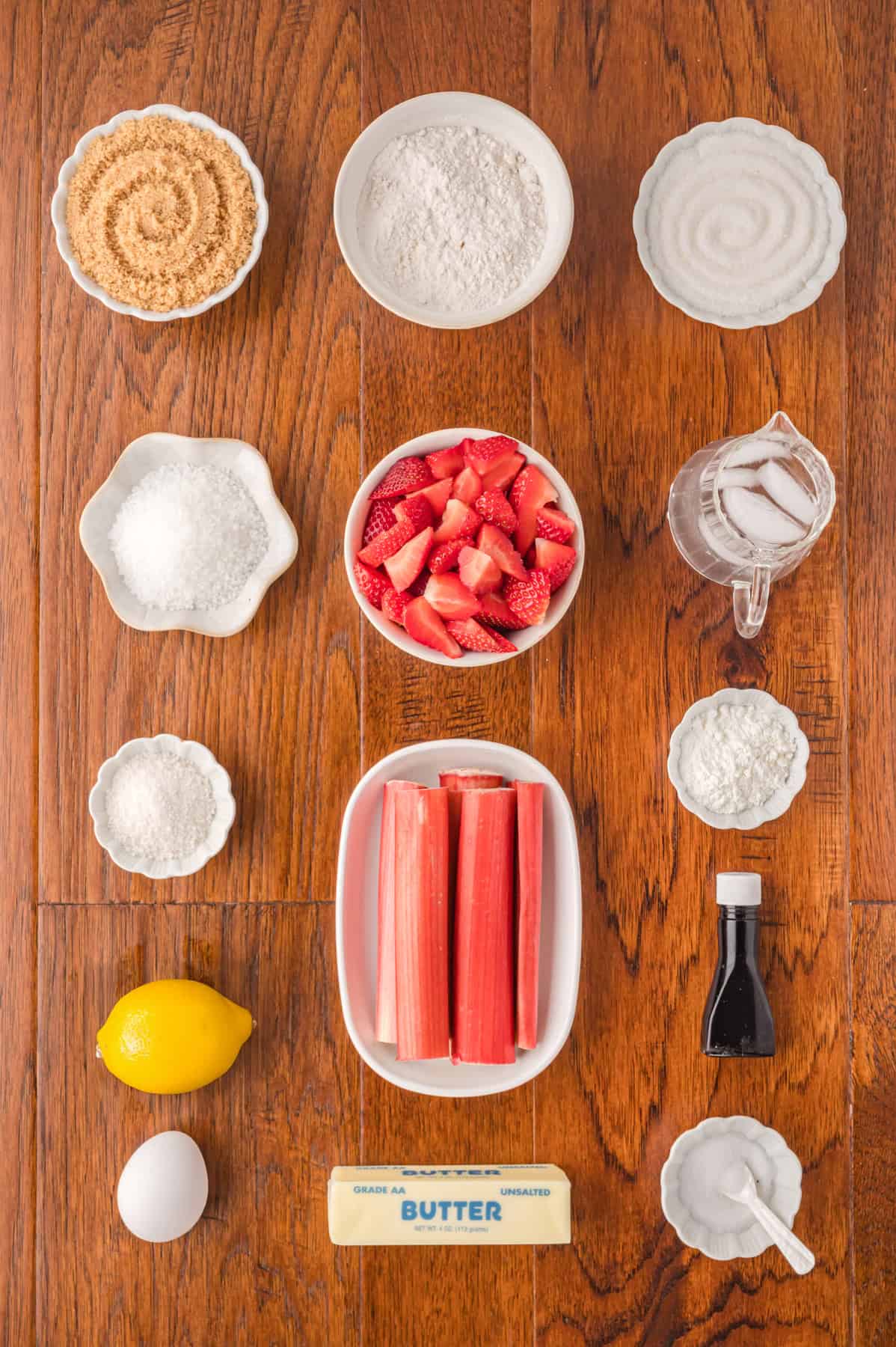 Overhead view of ingredients needed to make strawberry rhubarb pie