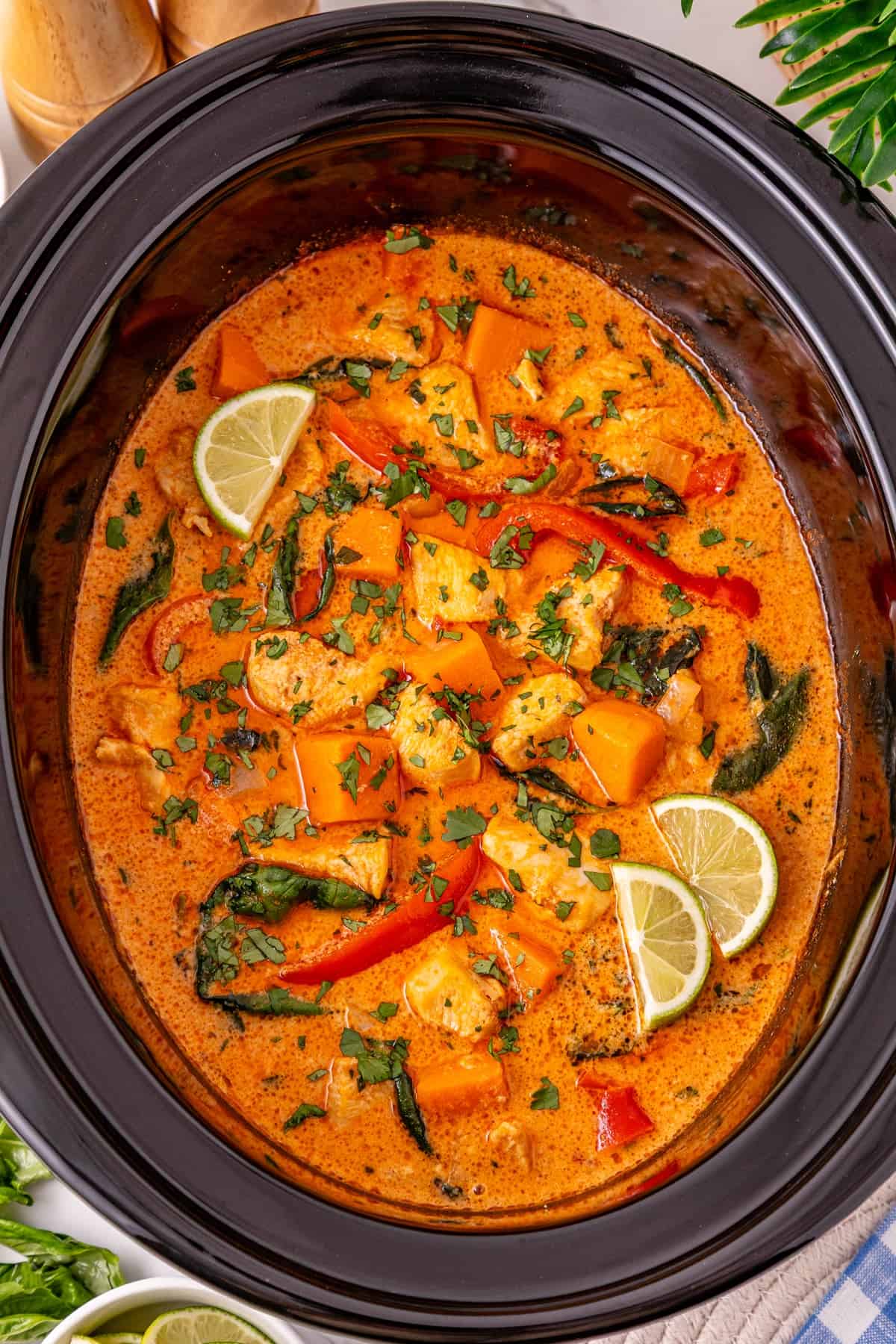 Chicken, sweet potatoes, coconut milk, curry paste, and peanut butter are slow-cooked to make this easy Thai Red Curry Chicken. Overhead view of Thai red curry chicken in the crockpot