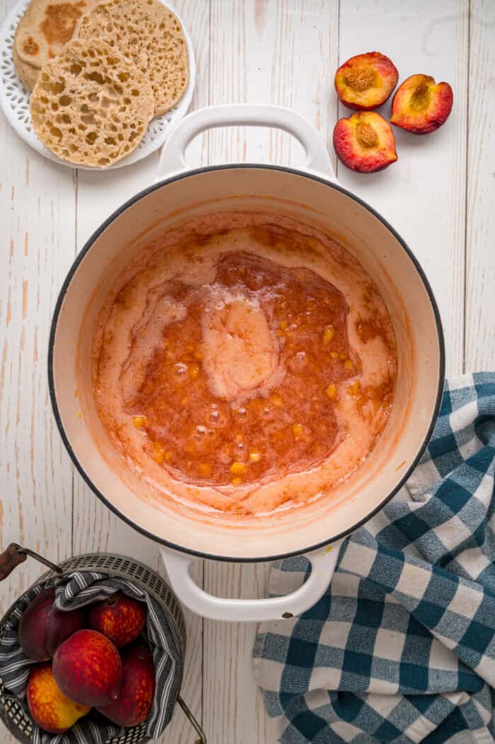A pot of homemade peach jam