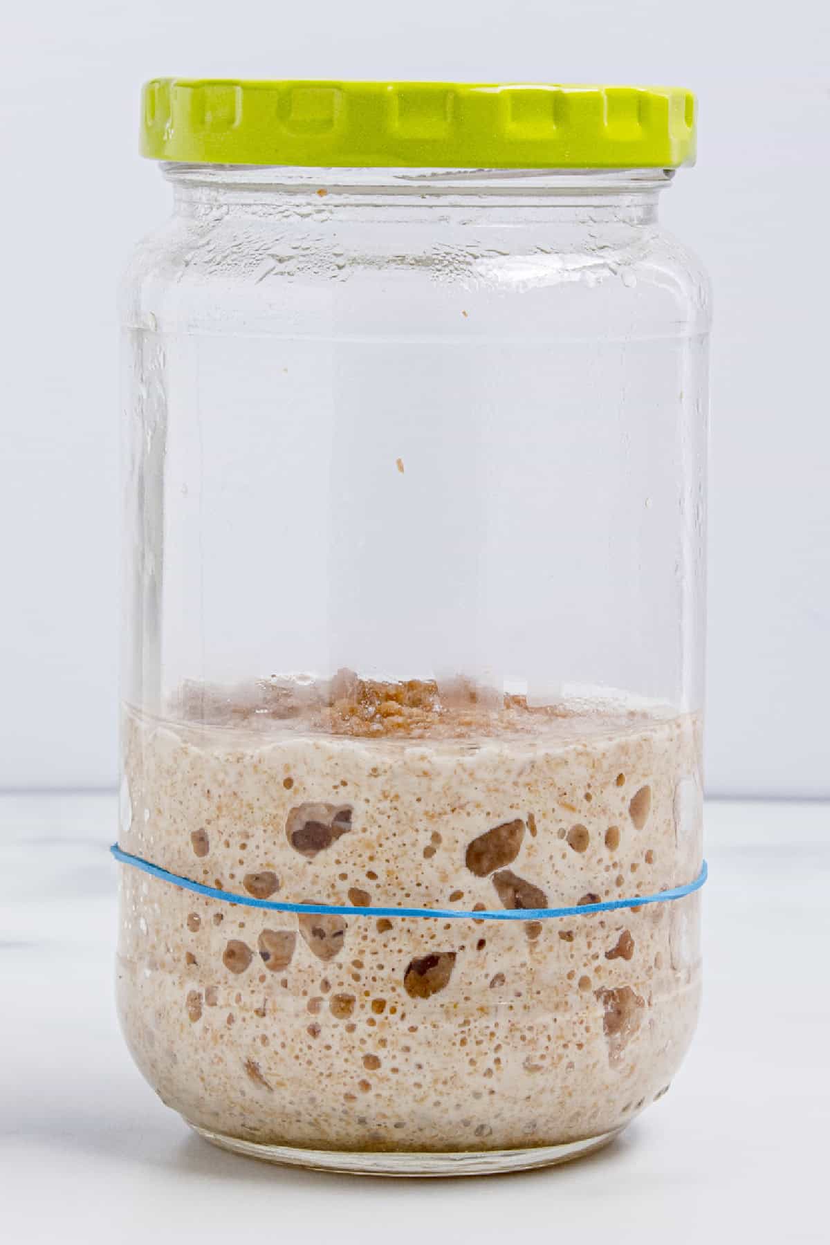 This easy sourdough starter recipe walks you through the process day-by-day with images. Great for beginners! Sourdough starter on day 5 with a small amount of rise