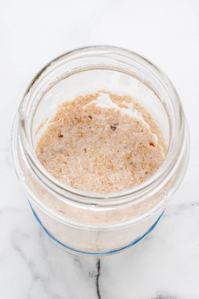 This easy sourdough starter recipe walks you through the process day-by-day with images. Great for beginners! Overhead view of sourdough starter in a jar on day 3