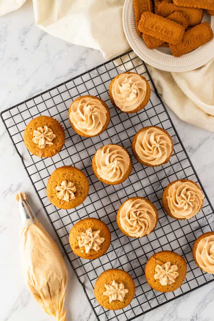 These Biscoff Cupcakes are soft, ultra-moist, and packed with warm caramelized flavor from cookie butter in both the batter and frosting. Biscoff cupcakes on a cooling rack, some topped with buttercream