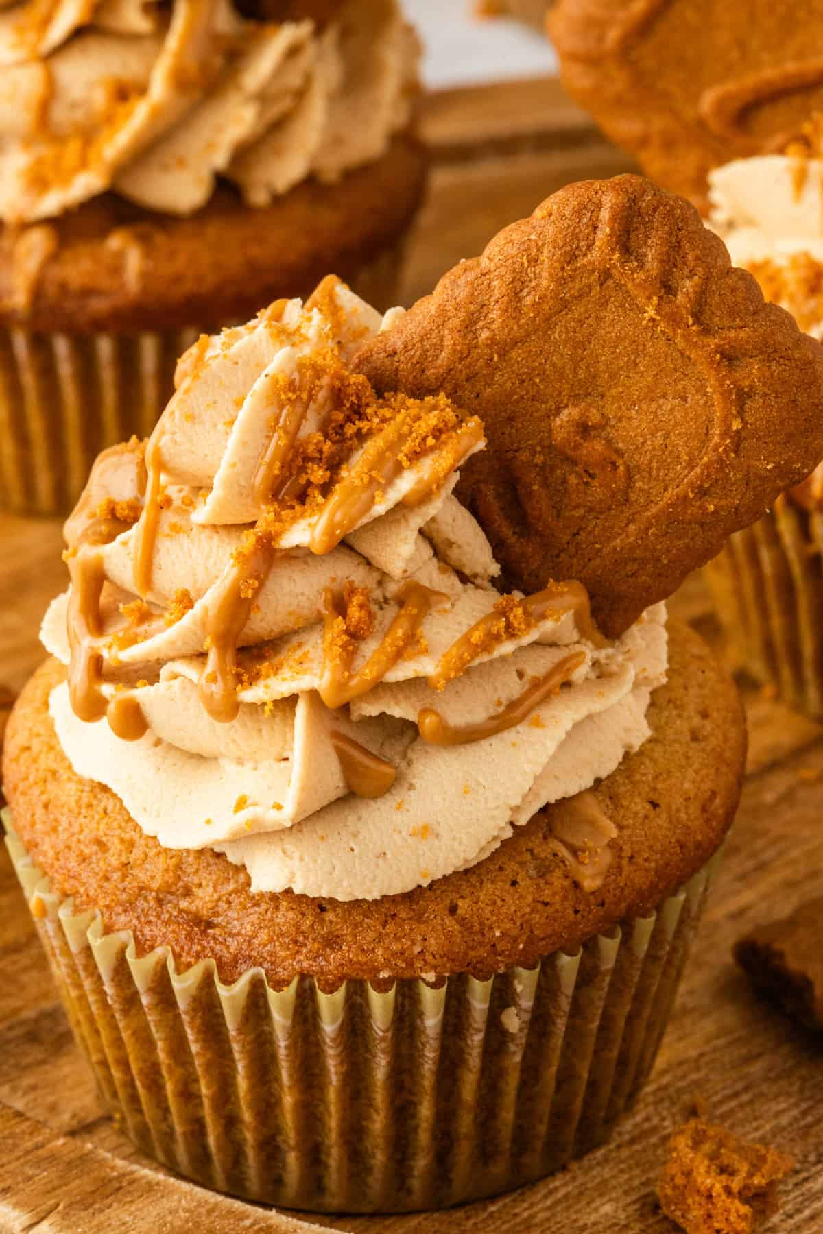 These Biscoff Cupcakes are soft, ultra-moist, and packed with warm caramelized flavor from cookie butter in both the batter and frosting. Close up of a Biscoff cupcake