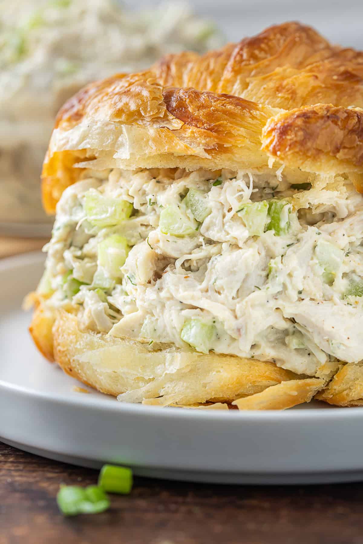This Classic Chicken Salad Recipe is a simple, no-frills lunch made with shredded chicken, celery, & green onions tossed with mayo and dill. Close up of chicken salad on a croissant