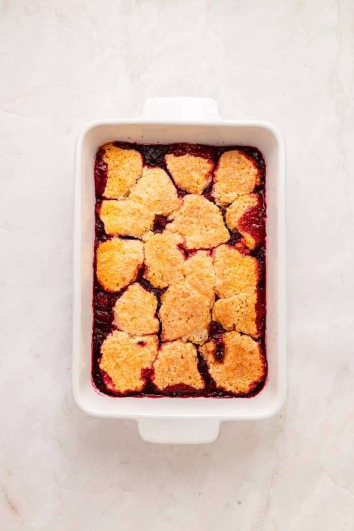 Overhead view of freshly baked raspberry cobbler