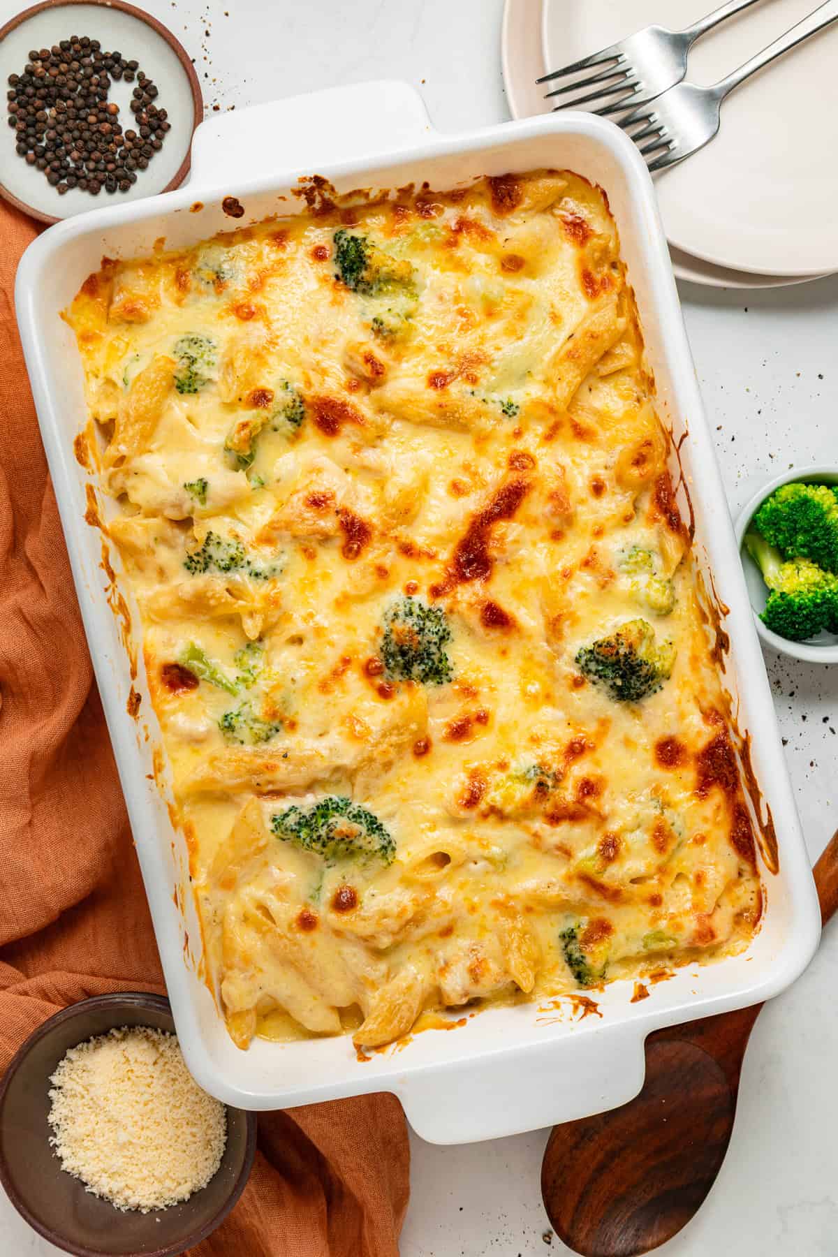 Tender penne, shredded chicken, and broccoli are tossed in a from-scratch sauce that's rich and garlicky in this Chicken Broccoli Alfredo. Overhead view of chicken broccoli alfredo pasta bake