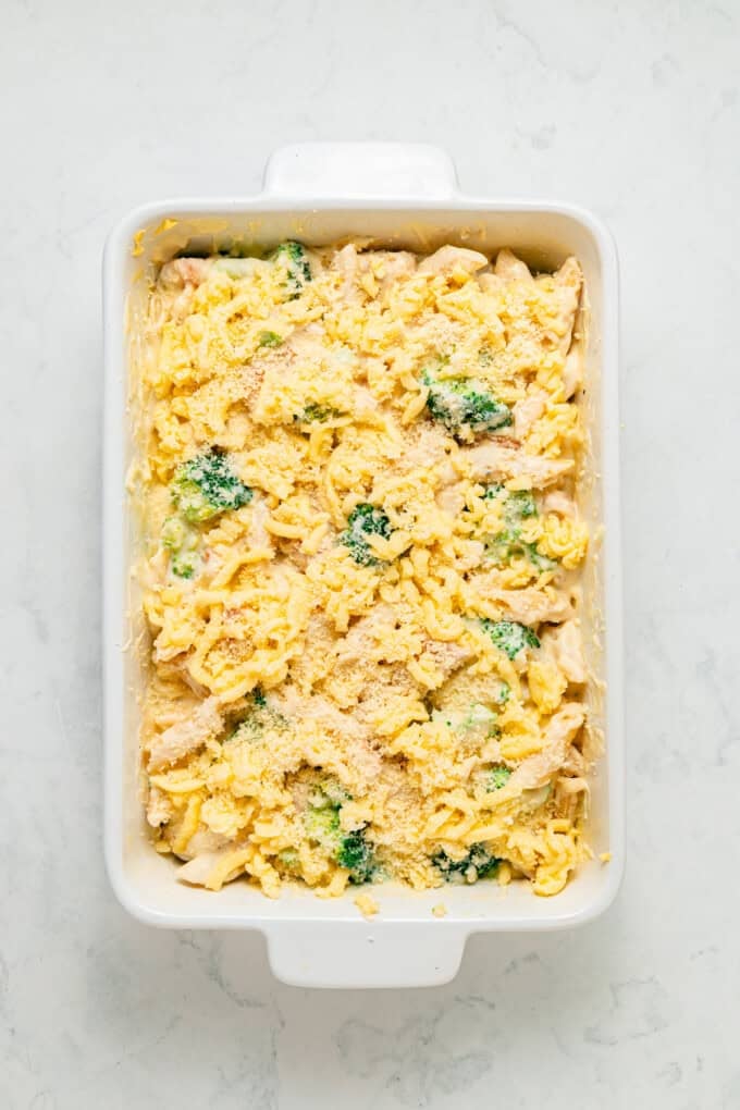 Tender penne, shredded chicken, and broccoli are tossed in a from-scratch sauce that's rich and garlicky in this Chicken Broccoli Alfredo. Unbaked chicken broccoli alfredo in a casserole dish
