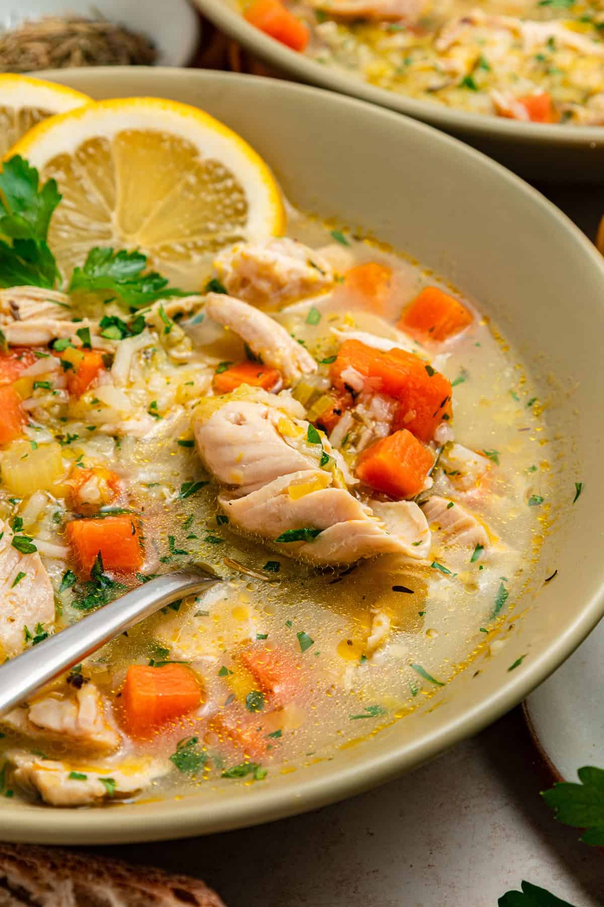 This Chicken and Leek Soup combines a buttery base of leeks, carrots and celery, tender shredded chicken, and long grain rice. A spoon in a bowl of chicken leek soup