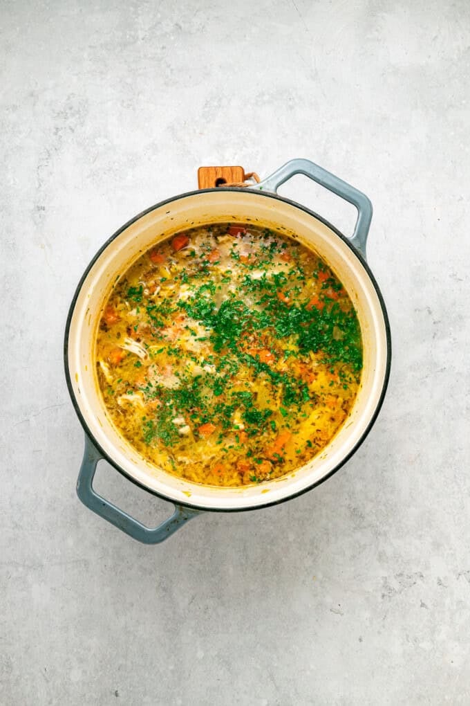 This Chicken and Leek Soup combines a buttery base of leeks, carrots and celery, tender shredded chicken, and long grain rice. Overhead view of a pot of chicken leek soup