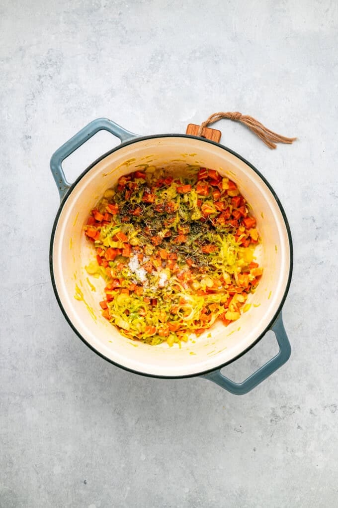 This Chicken and Leek Soup combines a buttery base of leeks, carrots and celery, tender shredded chicken, and long grain rice. Sauteed veggies and spices in a pot