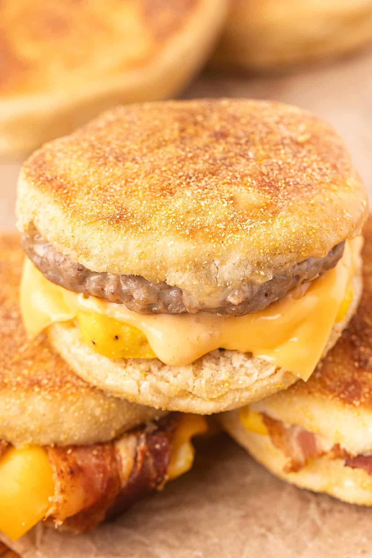 An English muffin breakfast sandwich with sausage stacked on two other sandwiches