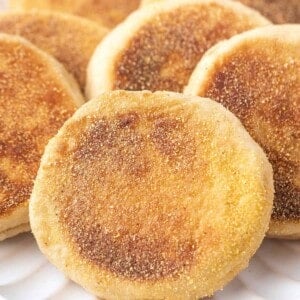 A plate of sourdough English muffins