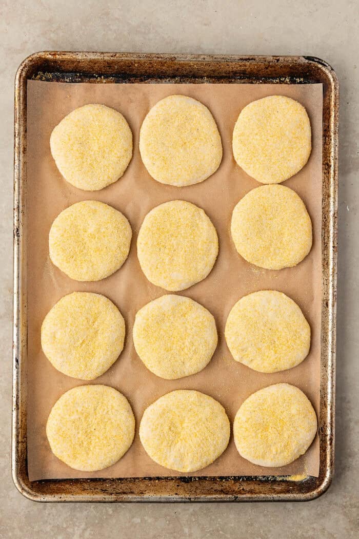 These Sourdough English Muffins are soft, chewy, and full of the classic nooks and crannies everyone loves. Cornmeal coated circles of dough a baking sheet
