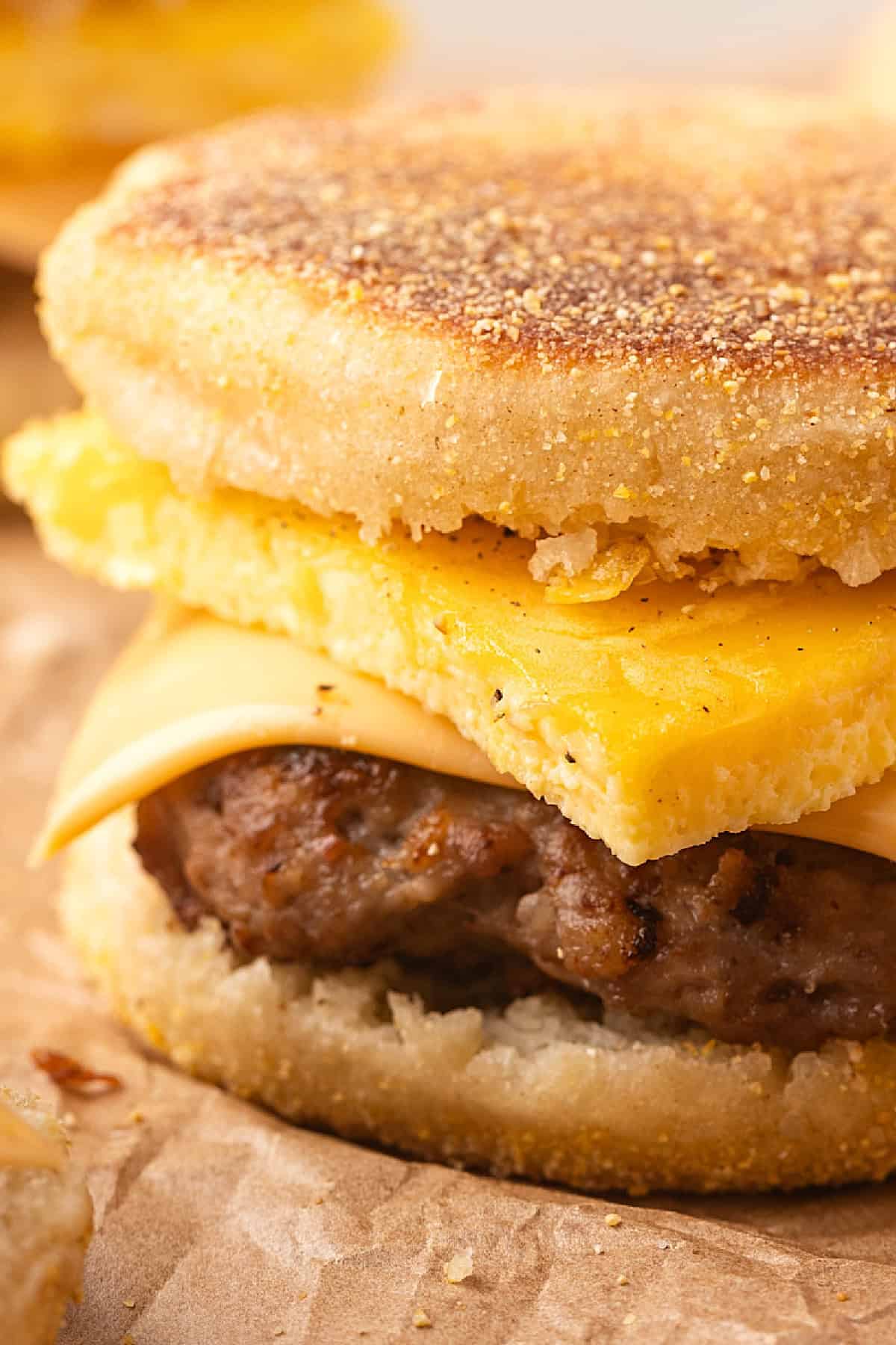 Made with English muffins, sheet pan eggs, cheese, and meat, these Make Ahead Breakfast Sandwiches are perfect for busy mornings! close up view of a make ahead breakfast sandwich.