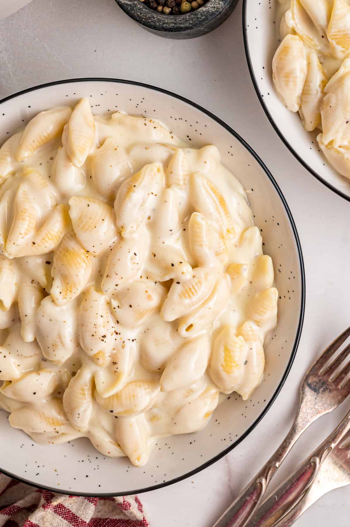 Overhead view of a bowl of Panera mac and cheese