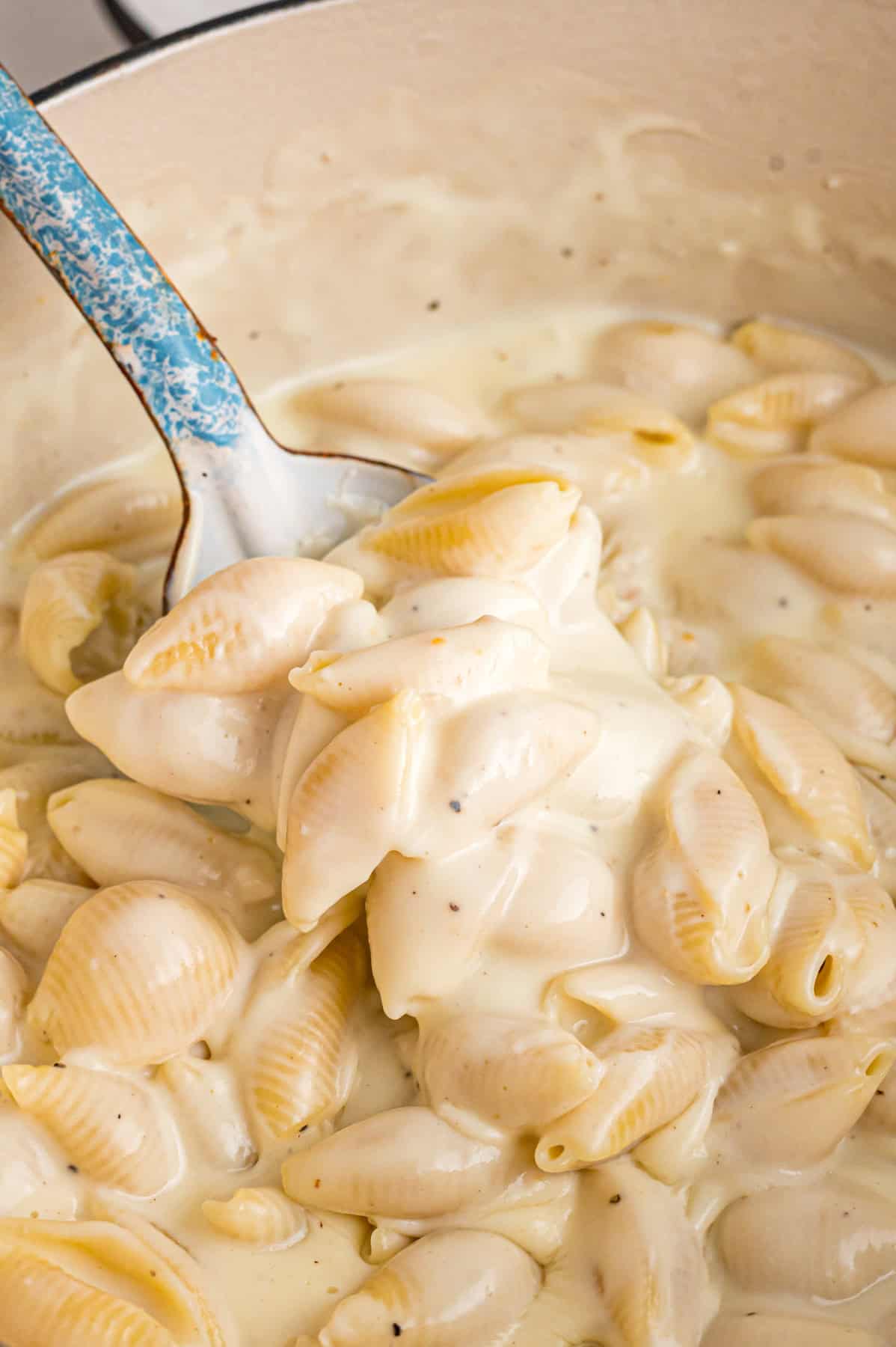 Tender shell pasta is coated in a thick, creamy white cheddar cheese sauce in this copycat Panera Mac and Cheese recipe. Close up of a spoon in a bowl of Panera mac and cheese