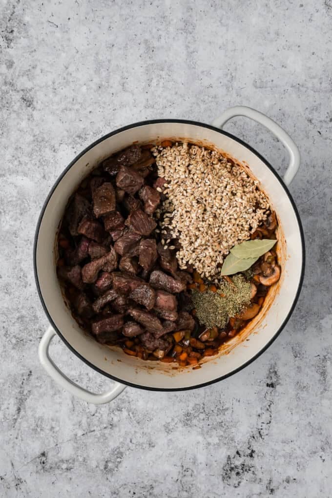 This hearty Beef Barley Mushroom Soup is nourishing, comforting, and perfect for chilly nights, with tender pieces of beef. Beef, barley, and herbs added to the pot