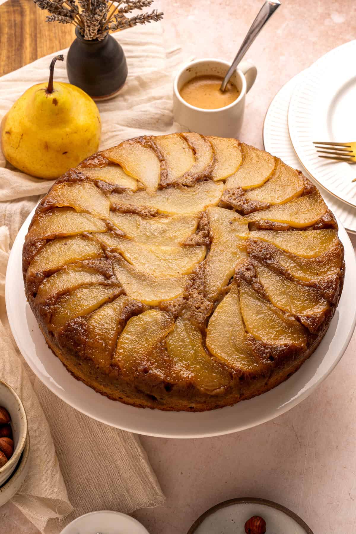 Overhead view of a pear upside down cake