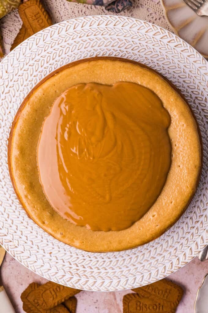 A creamy cookie butter cheesecake filling is baked in a Biscoff crust and topped with more cookie butter in this Biscoff Cheesecake recipe. Biscoff cookie butter on top of a cheesecake