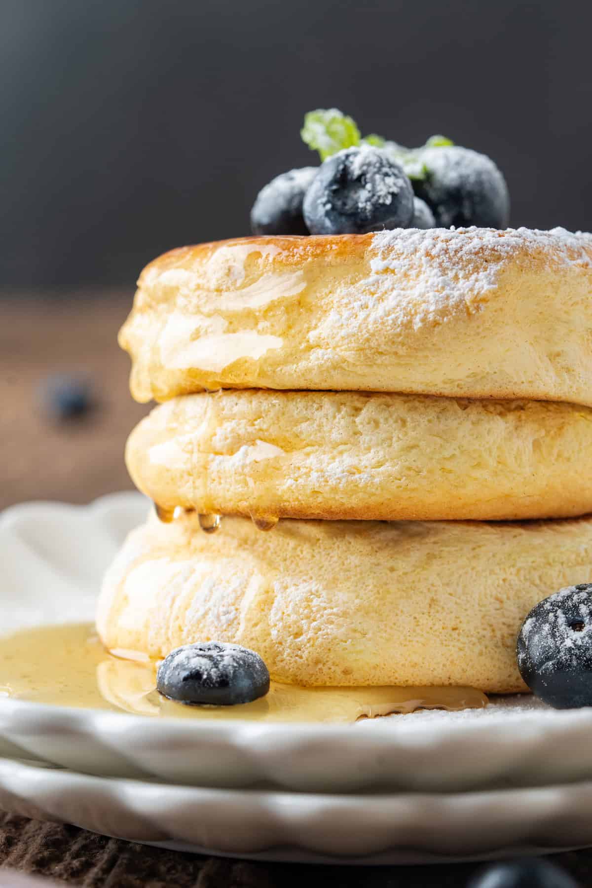 Side view of a stack of Japanese souffle pancakes
