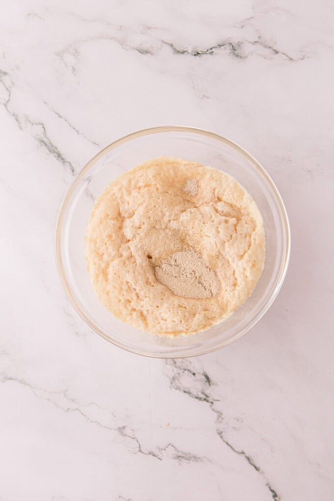 These soft, fluffy Sweet Potato Rolls are brushed with warm honey butter right out of the oven. Easy to make with a few basic ingredients! Activated yeast in a bowl