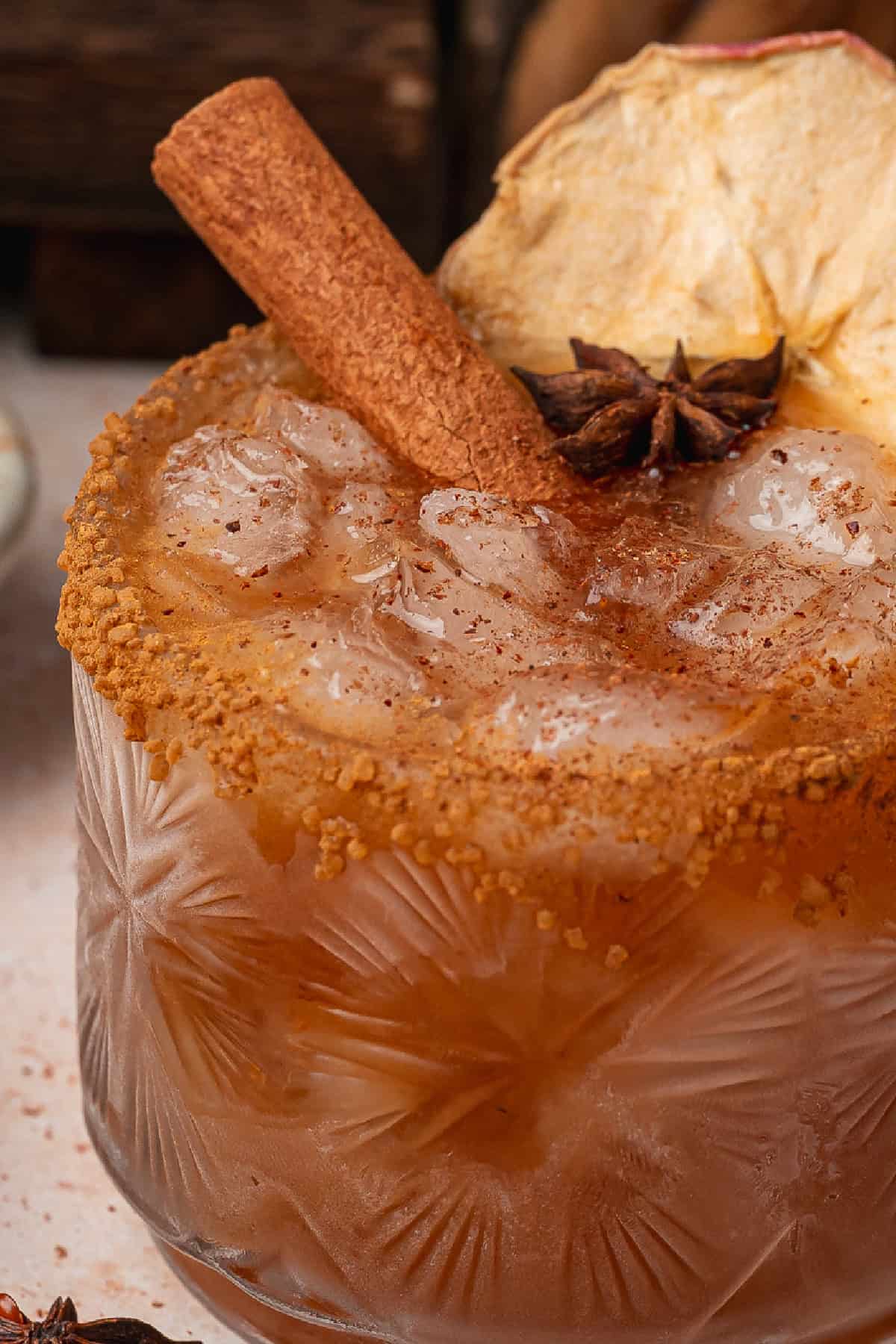 This Apple Butter Margarita is a delicious fall cocktail made with apple butter, tequila, orange liqueur, and fresh lime juice. A close up view of an apple butter margarita.
