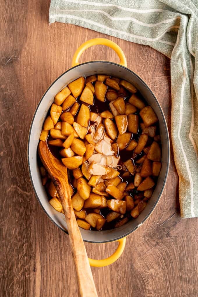 Tender spiced apple filling is topped with a snickerdoodle batter to make this irresistible Apple Cobbler recipe. Stirring cornstarch slurry into cooked apples