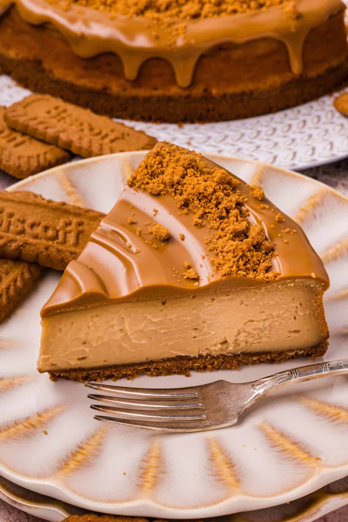 A creamy cookie butter cheesecake filling is baked in a Biscoff crust and topped with more cookie butter in this Biscoff Cheesecake recipe. a slice of Biscoff Cheesecake on a plate.
